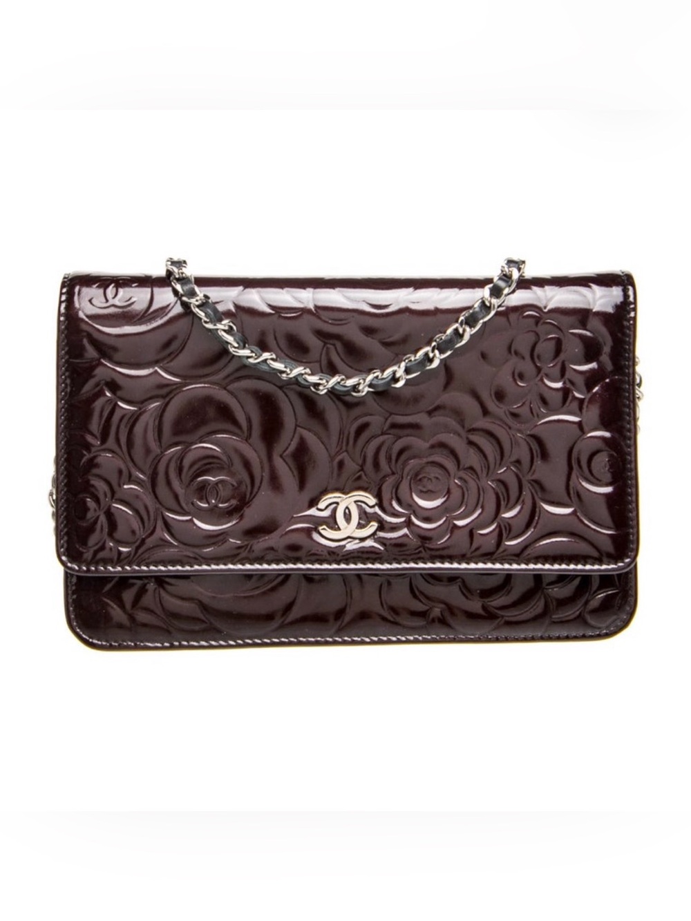 CHANEL Patent Camellia Embossed Shoulder Bag in Burgundy